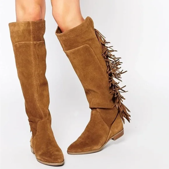 Aldo Cyndy Suede Fringe Detail Tall Boots 9 Pull On Bohemian Western Casual - Picture 14 of 14